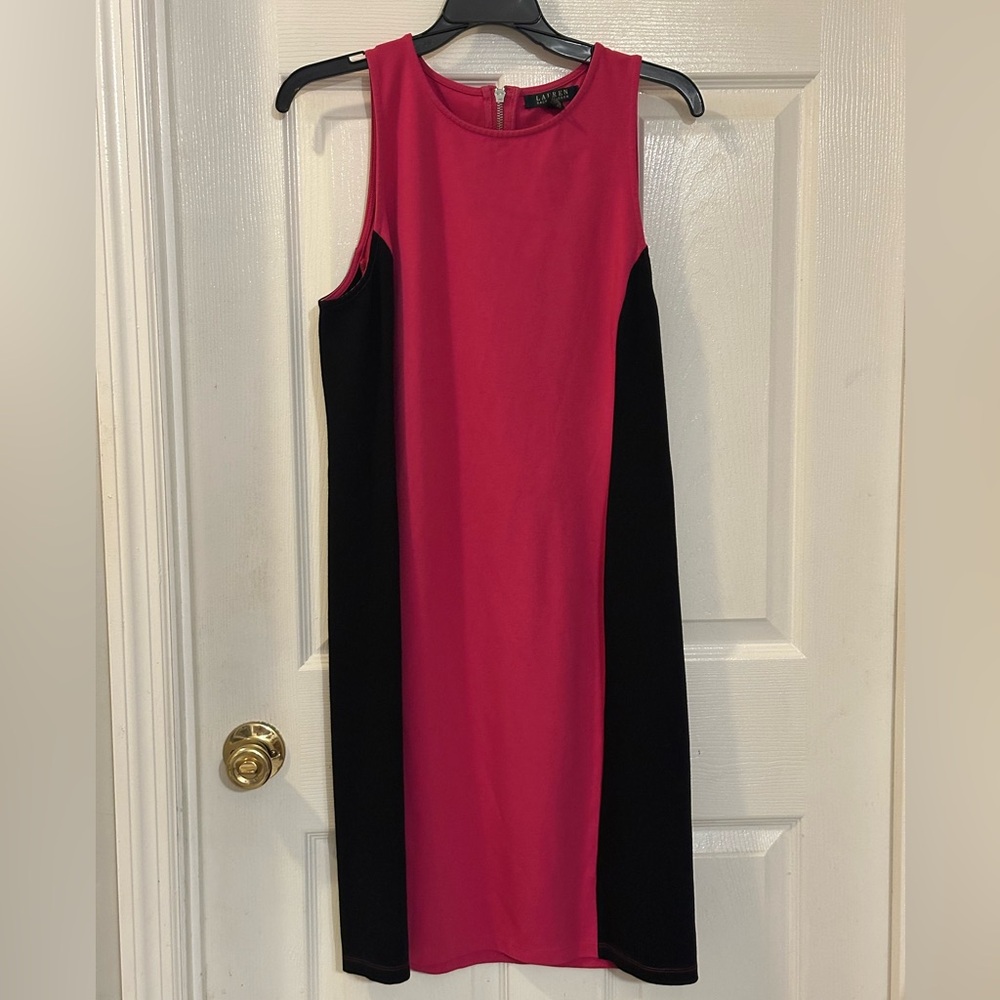 Lauren Ralph Lauren large hot midi pink dress with black sides, zipper‎ in back
